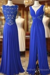 Royal Blue V Neck Chiffon Lace Long Evening Prom Dresses, Evening Dresses